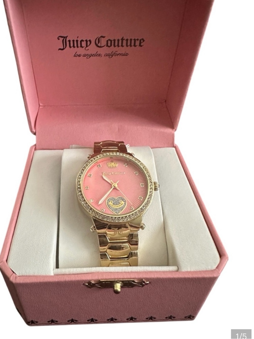 Juicy Couture Women's Pink Dial Gold-Tone Heart Accent Bracelet Watch - Picture 1 of 4